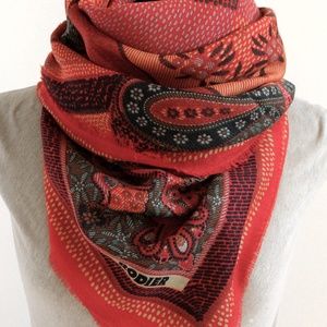 RODIER 100% Wool Shawl MADE IN ITALY Checker Paisley red orange